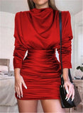 Satin Turtleneck Mini Casual Dress Women Long Sleeve Pleated Autumn Sexy Bodycon Dress Winter Short Women Party Dress W3