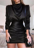 Satin Turtleneck Mini Casual Dress Women Long Sleeve Pleated Autumn Sexy Bodycon Dress Winter Short Women Party Dress W3