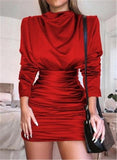 Satin Turtleneck Mini Casual Dress Women Long Sleeve Pleated Autumn Sexy Bodycon Dress Winter Short Women Party Dress W3