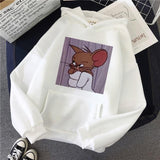 Harajuku Hoodies for Girls Cat Tom Mouse Jerry White&pink Hooded Tops Women's Sweatshirt Long-sleeved Winter Tops Women Hoodies