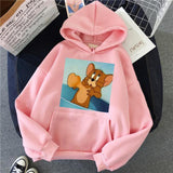 Harajuku Hoodies for Girls Cat Tom Mouse Jerry White&pink Hooded Tops Women's Sweatshirt Long-sleeved Winter Tops Women Hoodies