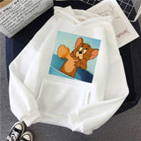 Harajuku Hoodies for Girls Cat Tom Mouse Jerry White&pink Hooded Tops Women's Sweatshirt Long-sleeved Winter Tops Women Hoodies