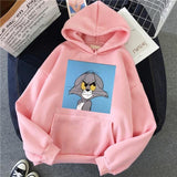 Harajuku Hoodies for Girls Cat Tom Mouse Jerry White&pink Hooded Tops Women's Sweatshirt Long-sleeved Winter Tops Women Hoodies