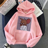 Harajuku Hoodies for Girls Cat Tom Mouse Jerry White&pink Hooded Tops Women's Sweatshirt Long-sleeved Winter Tops Women Hoodies