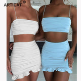 Articat White Women 2 Piece Set Bodycon Dress Ruffles Off Shoulder Crop Top Summer Dress Casual Short Beach Vestidos