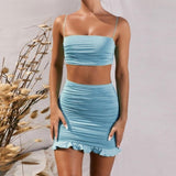 Articat White Women 2 Piece Set Bodycon Dress Ruffles Off Shoulder Crop Top Summer Dress Casual Short Beach Vestidos