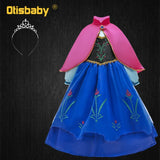 Girls Anna Elsa Dress Fancy Princess Anna Costume Summer Turtleneck Dresses for Girls Fairy Frock Anna Dress Up with Rose Cape