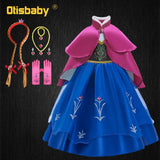 Girls Anna Elsa Dress Fancy Princess Anna Costume Summer Turtleneck Dresses for Girls Fairy Frock Anna Dress Up with Rose Cape