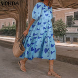 Summer O Neck Sundress VONDA Women Bohemian Dress Short Puff Sleeve Dresses Elegant Heart Printed Long Vestido Robe Sarafans 5XL