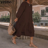 Summer O Neck Sundress VONDA Women Bohemian Dress Short Puff Sleeve Dresses Elegant Heart Printed Long Vestido Robe Sarafans 5XL