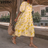 Summer O Neck Sundress VONDA Women Bohemian Dress Short Puff Sleeve Dresses Elegant Heart Printed Long Vestido Robe Sarafans 5XL