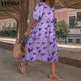 Summer O Neck Sundress VONDA Women Bohemian Dress Short Puff Sleeve Dresses Elegant Heart Printed Long Vestido Robe Sarafans 5XL