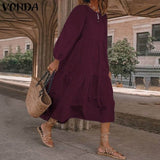 Summer O Neck Sundress VONDA Women Bohemian Dress Short Puff Sleeve Dresses Elegant Heart Printed Long Vestido Robe Sarafans 5XL