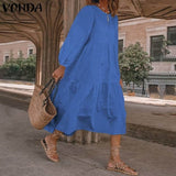 Summer O Neck Sundress VONDA Women Bohemian Dress Short Puff Sleeve Dresses Elegant Heart Printed Long Vestido Robe Sarafans 5XL