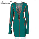 Simenual Lace Up Deep V Neck Ribbed Long Sleeve Bodycon Dresses Women Patchwork Hot Club Partywear Sexy Fashion Mini Dress Fall