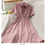 Dress Women Chiffon Bow Solid High Waist Turn-down Collar Preppy Style Kawaii Ulzzang Popular Temperament Girls Summer Holiday