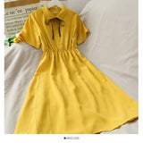 Dress Women Chiffon Bow Solid High Waist Turn-down Collar Preppy Style Kawaii Ulzzang Popular Temperament Girls Summer Holiday