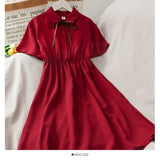 Dress Women Chiffon Bow Solid High Waist Turn-down Collar Preppy Style Kawaii Ulzzang Popular Temperament Girls Summer Holiday