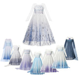 Autumn Winter Elsa Dress Girl Princess Cosplay Snow Queen 2 White  Long  Sleeve Mesh Prom Gown Carnival Party Costumes for Kids