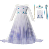 Autumn Winter Elsa Dress Girl Princess Cosplay Snow Queen 2 White  Long  Sleeve Mesh Prom Gown Carnival Party Costumes for Kids