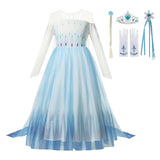 Autumn Winter Elsa Dress Girl Princess Cosplay Snow Queen 2 White  Long  Sleeve Mesh Prom Gown Carnival Party Costumes for Kids
