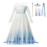 Autumn Winter Elsa Dress Girl Princess Cosplay Snow Queen 2 White  Long  Sleeve Mesh Prom Gown Carnival Party Costumes for Kids