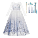Autumn Winter Elsa Dress Girl Princess Cosplay Snow Queen 2 White  Long  Sleeve Mesh Prom Gown Carnival Party Costumes for Kids