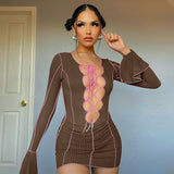 Simenual Lace Up Deep V Neck Ribbed Long Sleeve Bodycon Dresses Women Patchwork Hot Club Partywear Sexy Fashion Mini Dress Fall