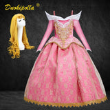 Sleeping Beauty Halloween Carnival Costume Child Lace Girls Princess Aurora Dress Pink Embroidery Infant Party Dress Wig Hair
