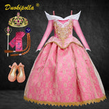 Sleeping Beauty Halloween Carnival Costume Child Lace Girls Princess Aurora Dress Pink Embroidery Infant Party Dress Wig Hair