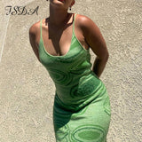 FSDA 2021 Print Knit Bodycon Dress Women Green Y2K Summer Hollow Out Sexy Sleeveless Spaghetti Strap Beach Midi Dresses Party