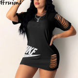 Black Dress Women Summer Half Sleeve O-neck Hole Letter Print Fashion Plus Size Dress Evening Party Sexy Dress Female Mini