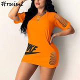 Black Dress Women Summer Half Sleeve O-neck Hole Letter Print Fashion Plus Size Dress Evening Party Sexy Dress Female Mini