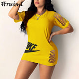Black Dress Women Summer Half Sleeve O-neck Hole Letter Print Fashion Plus Size Dress Evening Party Sexy Dress Female Mini
