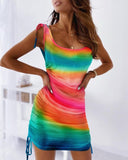 Fashion Women Summer Mini Dress Shrinkage Drawstring Design O-Neck Sleeveless High Waist Slim Pullovers Dress for Streetwear