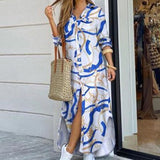 Fashion Women Long Sleeve Shirt Dress Autumn  Printed OL Long Dresses Laides Turn-down Collar Loose Sundress Party Dresses
