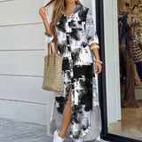 Fashion Women Long Sleeve Shirt Dress Autumn  Printed OL Long Dresses Laides Turn-down Collar Loose Sundress Party Dresses