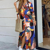 Fashion Women Long Sleeve Shirt Dress Autumn  Printed OL Long Dresses Laides Turn-down Collar Loose Sundress Party Dresses